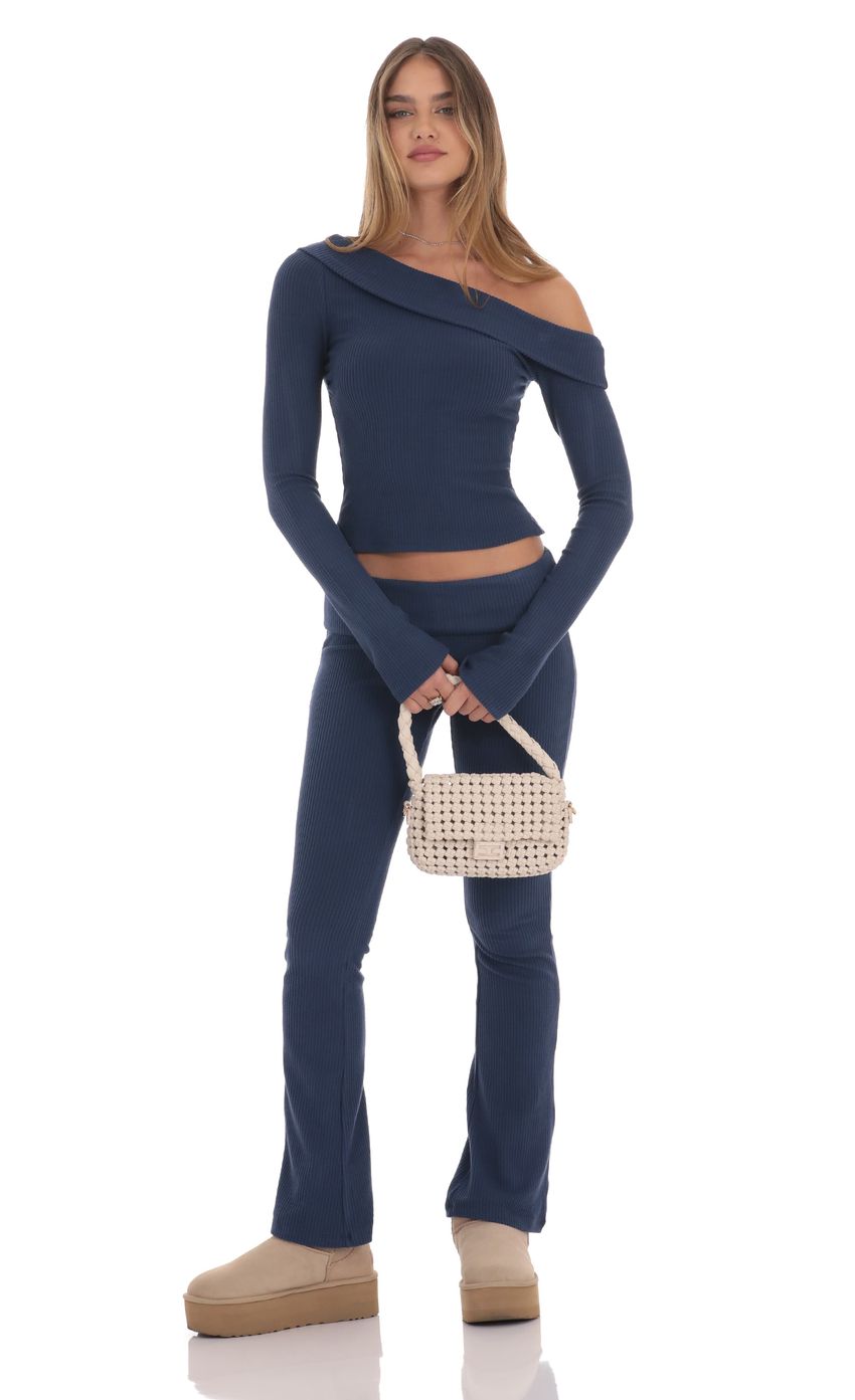 Ribbed Off Shoulder Top in Taupe/Ribbed Flare Pants in Taupe