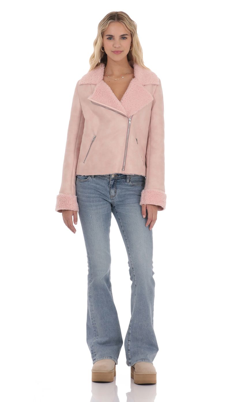 Sherpa Collar Suede Jacket in Pink