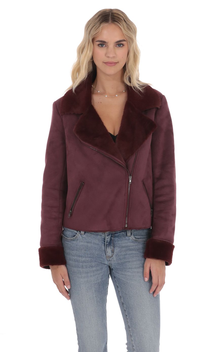 Sherpa Collar Suede Jacket in Pink